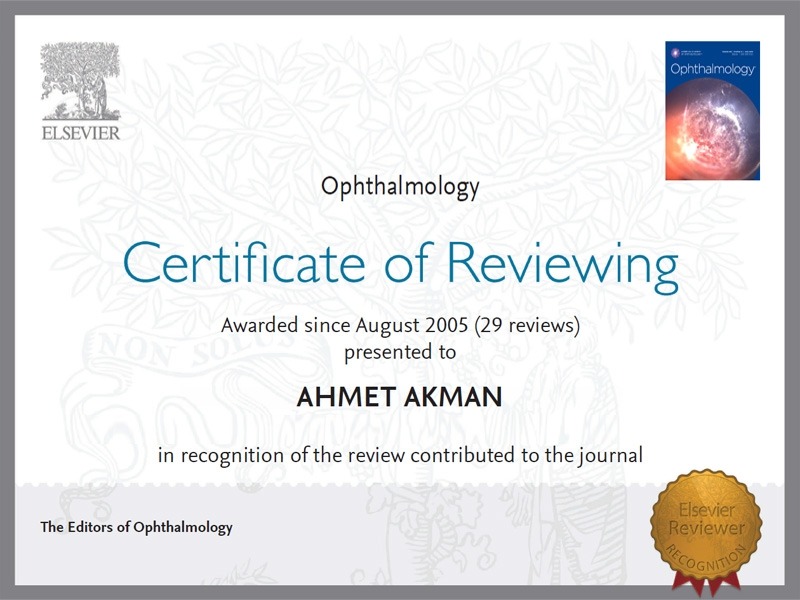 Prof. Dr. Ahmet Akman Ophthalmology Certificate of Reviewing - 29 bilimsel makale değerlendirmesi